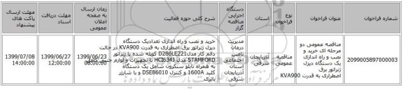 مناقصه عمومی دو مرحله ای خرید و نصب و راه اندازی یک دستگاه دیزل ژنراتور برق اضطراری به قدرت KVA900