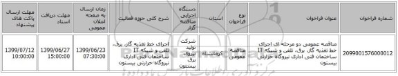 مناقصه عمومی دو مرحله ای اجرای خط تغذیه گاز، برق، تلفن و شبکه IT ساختمان فنی اداری نیروگاه حرارتی بیستون