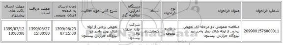 مناقصه عمومی دو مرحله ای تعویض برخی از لوله های بویلر واحد دو نیروگاه حرارتی بیستون