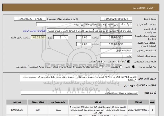 استعلام الکترود 13*60 -الکترود 18*70 نمره 3 - صفحه برش 3mil - صفحه برش استیل1.6 میلی متری - صفحه صاف کن 6mil