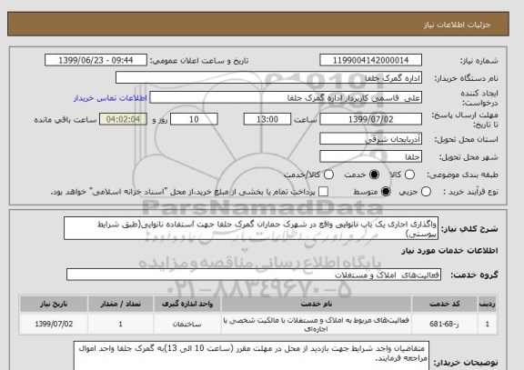 استعلام واگذاری اجاری یک باب نانوایی واقع در شهرک جماران گمرک جلفا جهت استفاده نانوایی(طبق شرایط پیوستی)