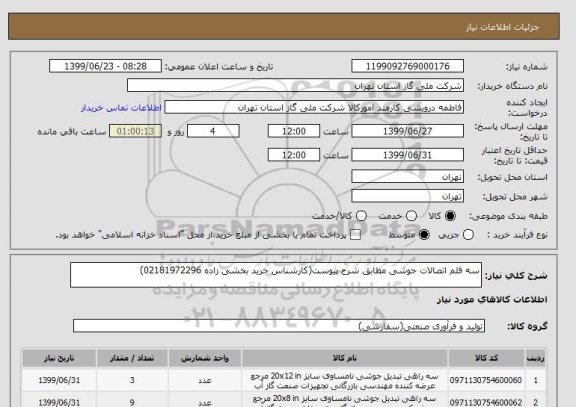استعلام سه قلم اتصالات جوشی مطابق شرح پیوست(کارشناس خرید بخشی زاده 02181972296)