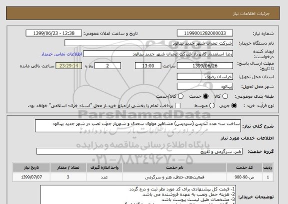 استعلام ساخت سه عدد تندیس (سردیس) مشاهیر مولوی سعدی و شهریار جهت نصب در شهر جدید بینالود