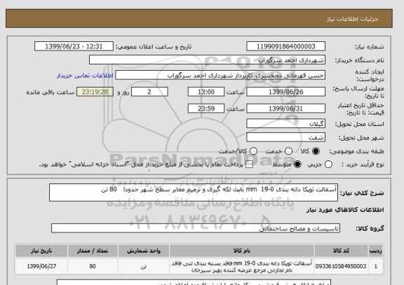 استعلام آسفالت توپکا دانه بندی 0-19  mm بابت لکه گیری و ترمیم معابر سطح شهر حدودا   80 تن
