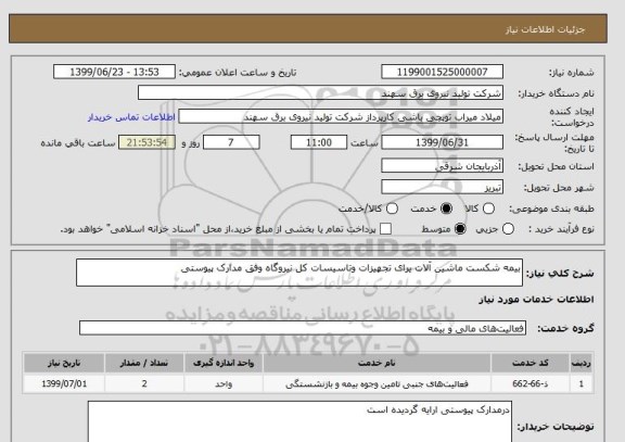 استعلام بیمه شکست ماشین آلات یرای تجهیزات وتاسیسات کل نیروگاه وفق مدارک پیوستی
