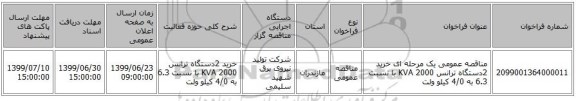 مناقصه عمومی یک مرحله ای خرید 2دستگاه ترانس KVA 2000 با نسبت 6.3 به 4/0 کیلو ولت