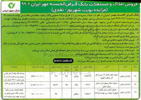 آگهی مزایده،مزایده فروش املاک و مستغلات کاربری تجاری و بانک و سرقفلی