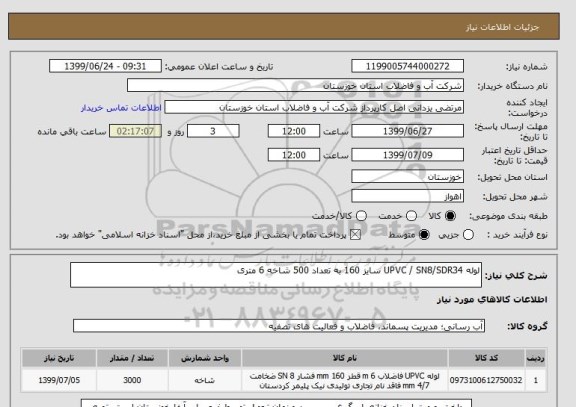 استعلام لوله UPVC / SN8/SDR34 سایز 160 به تعداد 500 شاخه 6 متری 