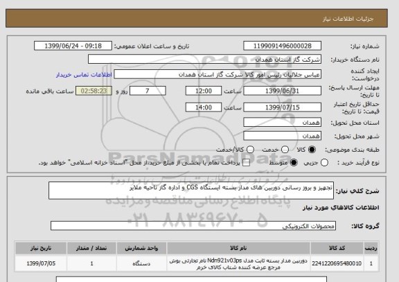 استعلام تجهیز و بروز رسانی دوربین های مدار بسته ایستگاه CGS و اداره گاز ناحیه ملایر 