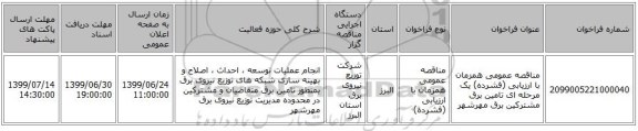 مناقصه عمومی همزمان با ارزیابی (فشرده) یک مرحله ای تامین برق مشترکین برق مهرشهر