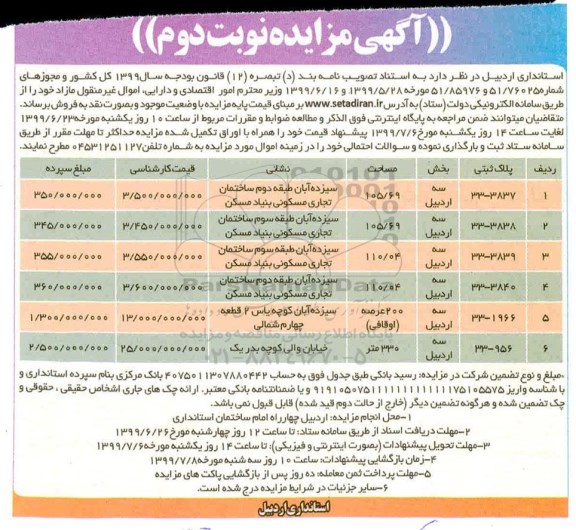 مزایده مزایده اموال غیرمنقول مازاد نوبت دوم
