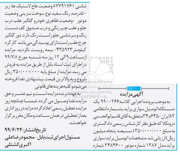 مزایده فروش یکدستگاه سواری پراید مدل 1387