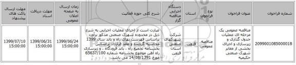 مناقصه عمومی یک مرحله ای عملیات جدول گذاری و زیرسازی و اجرای بخشی از معابر شهرک صنعتی حکیمیه