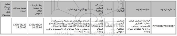 فراخوان ارزیابی کیفی عملیات اجرایی تاسیسات زیربنایی پروژه 73 هکتاری شرق زنجان