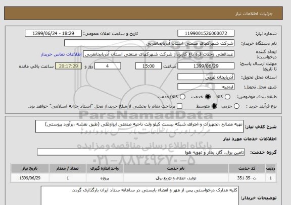 استعلام تهیه مصالح ،تجهیزات و اجرای شبکه بیست کیلو ولت ناحیه صنعتی ایواوغلی (طبق نقشه ،برآورد پیوستی)