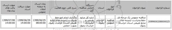 مناقصه عمومی یک مرحله ای حفظ وحراست ازعرصه های منابع طبیعی استان خراسان رضوی