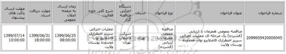 مناقصه عمومی همزمان با ارزیابی (فشرده) یک مرحله ای عملیات اجرائی سرریز اضطراری فاضلابرو نواب محدوده بوستان ولایت 