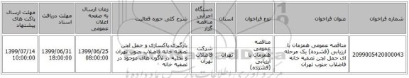 مناقصه عمومی همزمان با ارزیابی (فشرده) یک مرحله ای حمل لجن تصفیه خانه فاضلاب جنوب تهران 