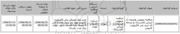 مناقصه عمومی همزمان با ارزیابی (فشرده) دو مرحله ای خرید پلی الکترولیت کاتیونی 