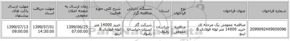مناقصه عمومی یک مرحله ای خرید 14000 متر لوله فولادی 8 اینچ