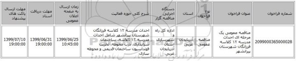 مناقصه عمومی یک مرحله ای احداث مدرسه ۱۲ کلاسه فرزانگان شهرستان پیرانشهر