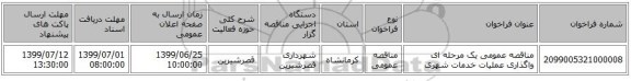 مناقصه عمومی یک مرحله ای واگذاری عملیات خدمات شهری