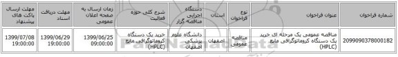 مناقصه عمومی یک مرحله ای خرید یک دستگاه کروماتوگرافی مایع (HPLC)