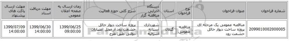 مناقصه عمومی یک مرحله ای پروژه ساخت دیوار حائل حشمت رود 