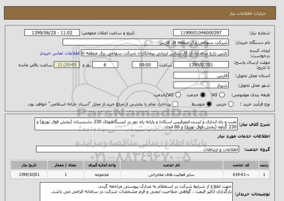 استعلام نصب و راه اندازی و تست اینترفیس اسکادا و پایانه راه دور در ایستگاههای 230 دشتستان (بخش فوق توزیع) و 230 گناوه (بخش فوق توزیع) و 66 اتحاد