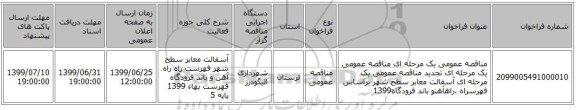 مناقصه عمومی یک مرحله ای مناقصه عمومی یک مرحله ای تجدید مناقصه عمومی یک مرحله ای آسفالت معابر سطح شهر براساس فهرسراه ،راهآهنو باند فرودگاه1399
