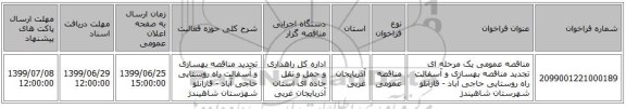 مناقصه عمومی یک مرحله ای تجدید مناقصه بهسازی و آسفالت راه روستایی حاجی آباد - قازانلو شهرستان شاهیندژ