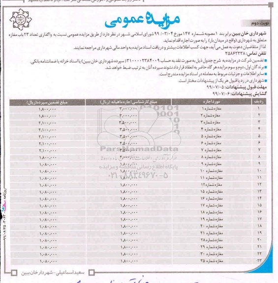 آگهی مزایده ، مزایده واگذاری تعداد 23 باب مغازه نوبت دوم