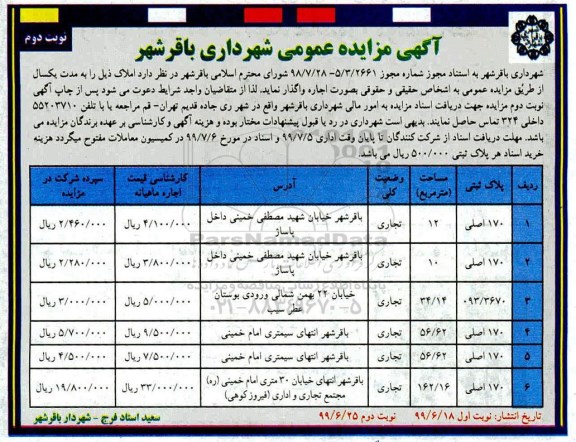 مزایده اجاره املاک  -  نوبت دوم