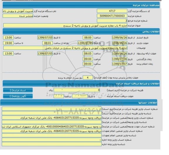 مزایده اجاره 4 باب مغازه مدیریت آموزش 