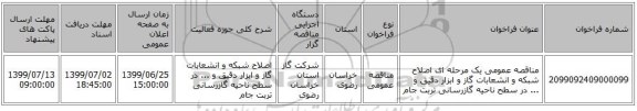 مناقصه عمومی یک مرحله ای اصلاح شبکه و انشعابات گاز و ابزار دقیق و ... در سطح ناحیه گازرسانی تربت جام