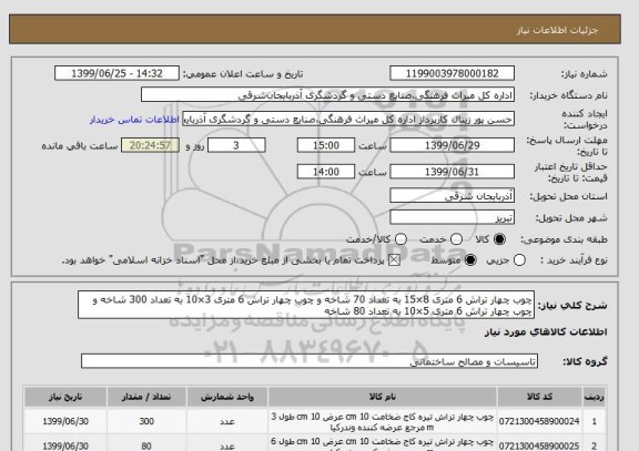 استعلام چوب چهار تراش 6 متری 8×15 به تعداد 70 شاخه و چوب چهار تراش 6 متری 3×10 به تعداد 300 شاخه و چوب چهار تراش 6 متری 5×10 به تعداد 80 شاخه