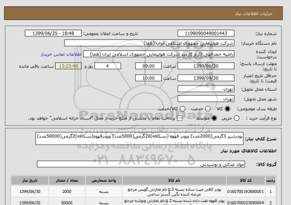 استعلام پودرشیر 3گرمی(2000عدد) وپودر قهوه (نسکافه)20گرمی(5000عدد) وپودرقهوه(نسکافه)2گرمی(50000عدد)
