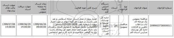 مناقصه عمومی یک مرحله ای ایاب و ذهاب ناظرین و کارکنان اداره کل نوسازی مدارس استان قم 