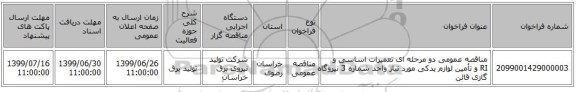 مناقصه عمومی دو مرحله ای  تعمیرات اساسی و RI  و تأمین لوازم یدکی مورد نیاز واحد شماره 3 نیروگاه گازی قائن