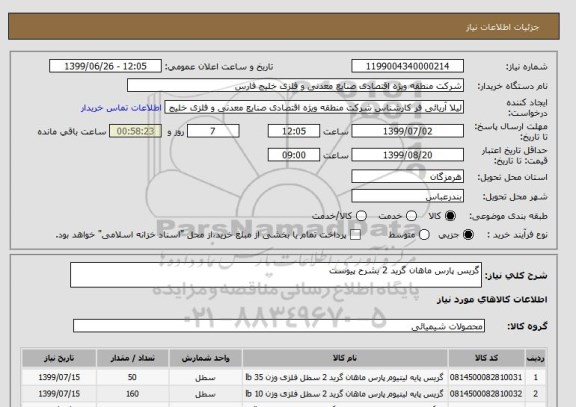 استعلام گریس پارس ماهان گرید 2 بشرح پیوست