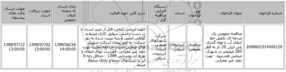 مناقصه عمومی یک مرحله ای تکمیل خط انتقال آب با لوله گذاری پلی اتیلن 20 بار به قطر 200 میلیمتر در شهرک صنعتی هشترود - نوبت دوم- غیر عمرانی
