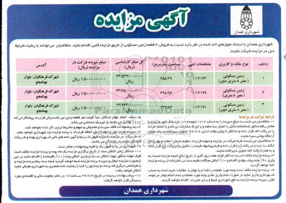 آگهی مزایده مزاید فروش 3 قطعه زمین مسکونی