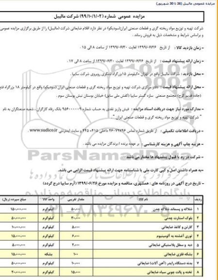 مزایده عمومی, مزایده اقلام ضایعاتی شامل شلاکه و پسماند شلاکه چدن و ...