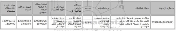 مناقصه عمومی همزمان با ارزیابی (فشرده) یک مرحله ای اجرای بخشی از شبکه فاضلاب شهر خوانسار 