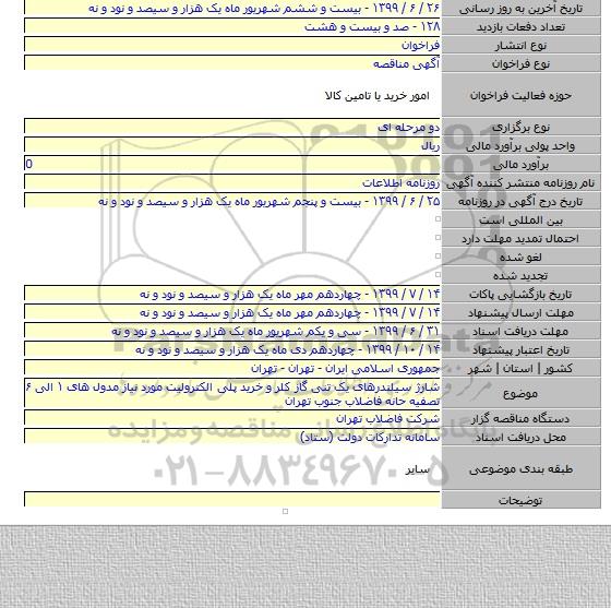 شارژ سیلندرهای یک تنی گاز کلر و خرید پلی الکترولیت مورد نیاز مدول های ۱ الی ۶ تصفیه حانه فاضلاب جنوب تهران