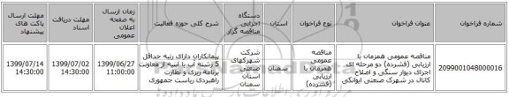 مناقصه عمومی همزمان با ارزیابی (فشرده) دو مرحله ای اجرای دیوار سنگی و اصلاح کانال در شهرک صنعتی ایوانکی 