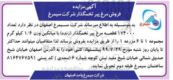 مزایده ،مزایده فروش تعداد 174000 قطعه مرغ پیر تخمگذار