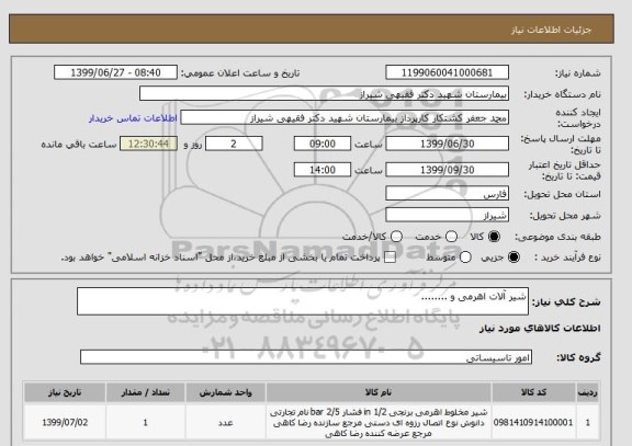 استعلام شیر آلات اهرمی و ........