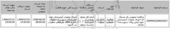 مناقصه عمومی یک مرحله ای اجرای عملیات آبخیزداری حوزه آبخیز زرقان شهرستان جغتای