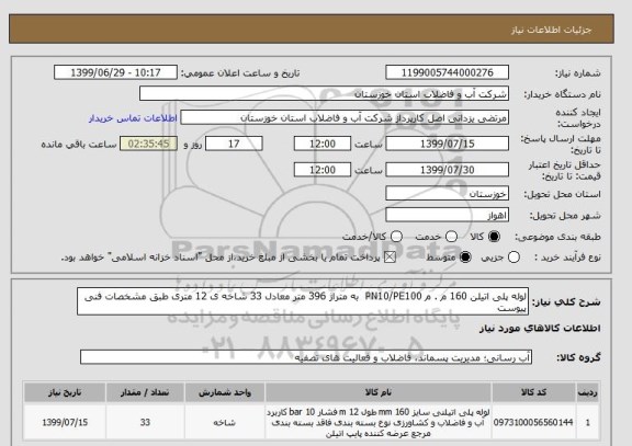 استعلام لوله پلی اتیلن 160 م . م PN10/PE100  به متراژ 396 متر معادل 33 شاخه ی 12 متری طبق مشخصات فنی پیوست